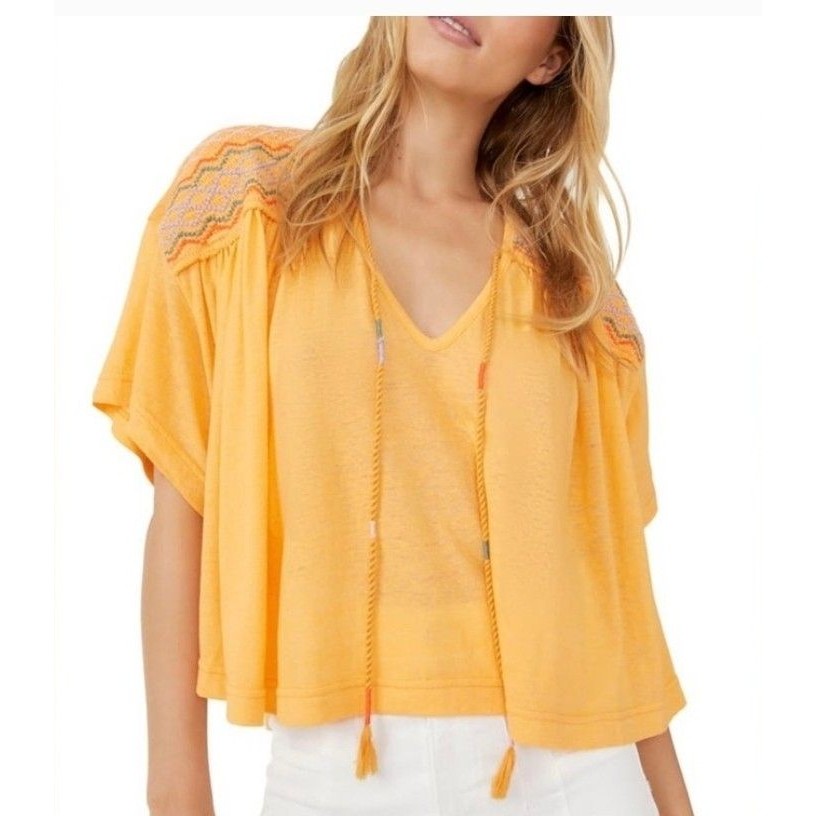 Free People Women’s Shirt Size Small Orange Boho Lightweight Short Sleeve